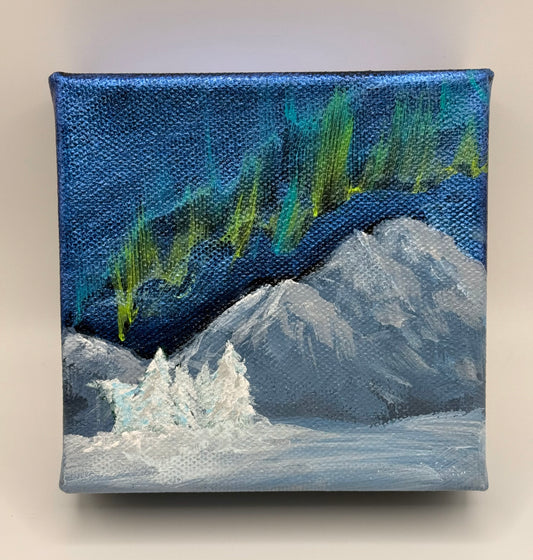 Front of painting auroras over mountians