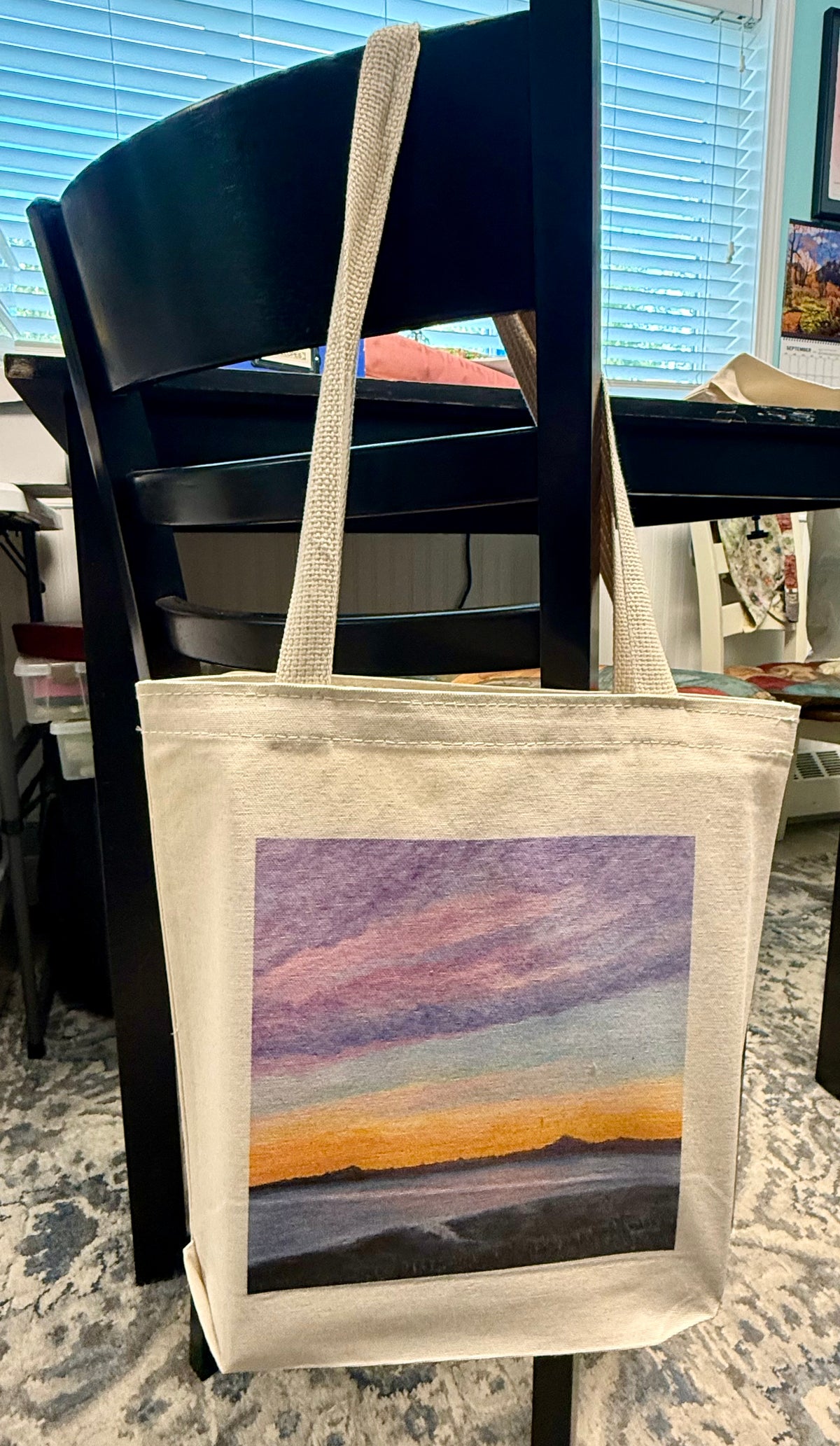 Cotton Canvas tote bag printed with October Sky an original art piece by Theresa Ritter of a sunset in Alaska