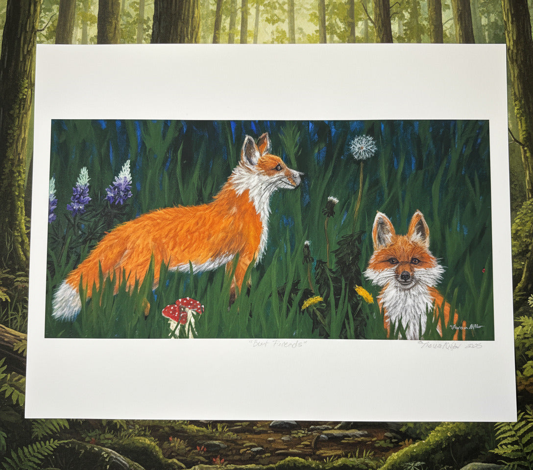 Artist print of Acrylic painting on canvas of two foxes amongst Alaskan foliage and flowers.