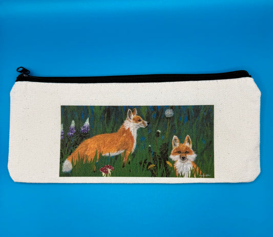 Small zippered pencil pouch with original art of a pair of foxes by Theresa Ritter