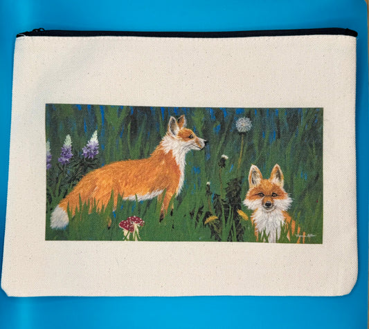 Cotton Canvas zippered cosmetic bag with original art image called Best Friends by Theresa Ritter.