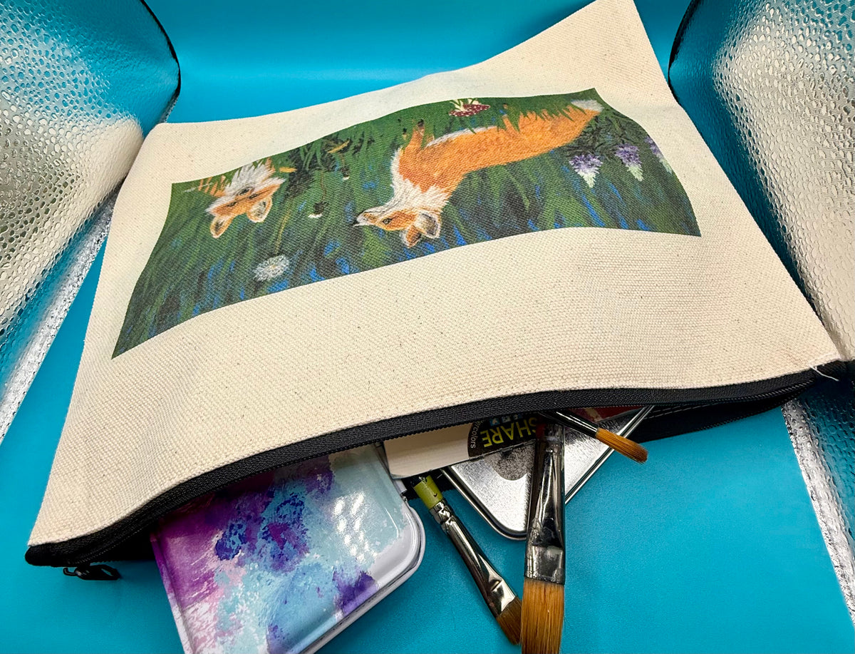 Cotton Canvas zippered cosmetic bag with original art image called Best Friends by Theresa Ritter.
