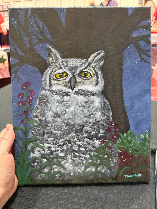 acrylic on canvas featuring painting of great horned owl on fence in the evening. painted by Theresa Ritter
