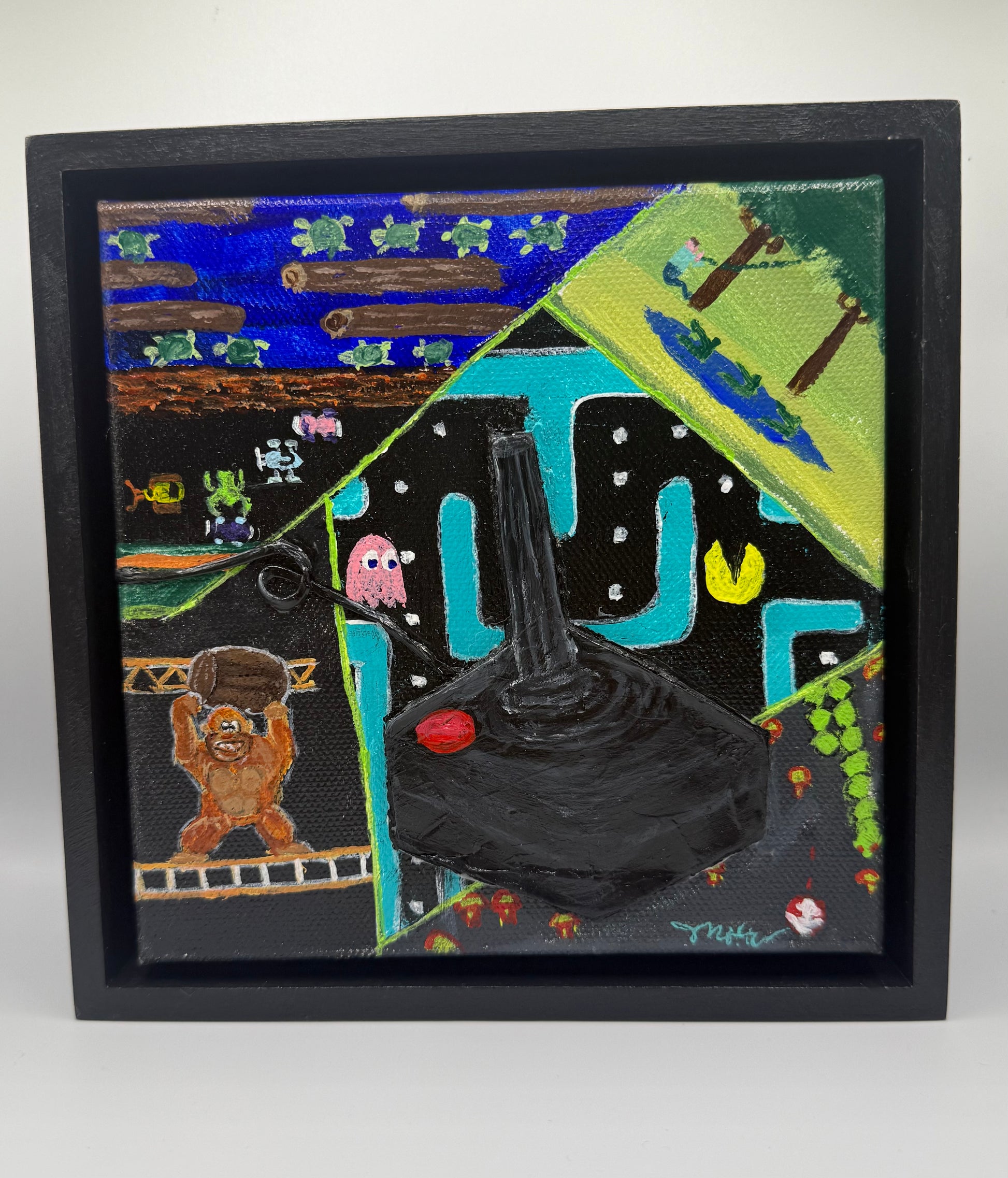 Acrylic painting featuring a vintage gaming system joystick and games.