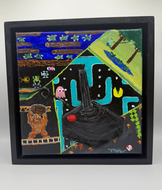 Acrylic painting featuring a vintage gaming system joystick and games.