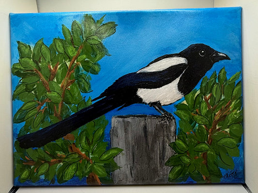 Acrylic mixed media painting of a magpie on a post painted by Theresa Ritter