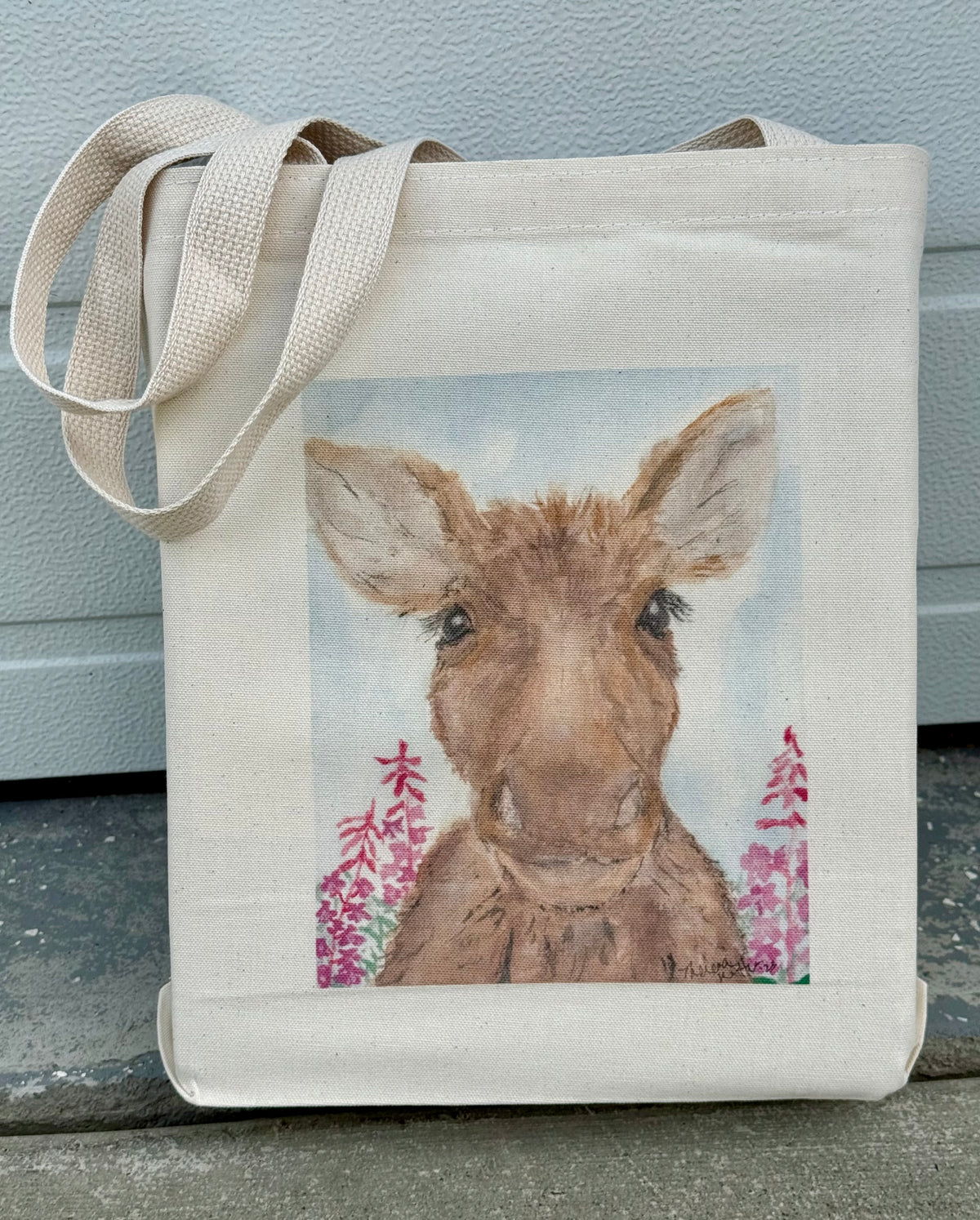 Cotton canvas tote bag with original art image by Theresa Ritter of Molly moose among the fireweed.
