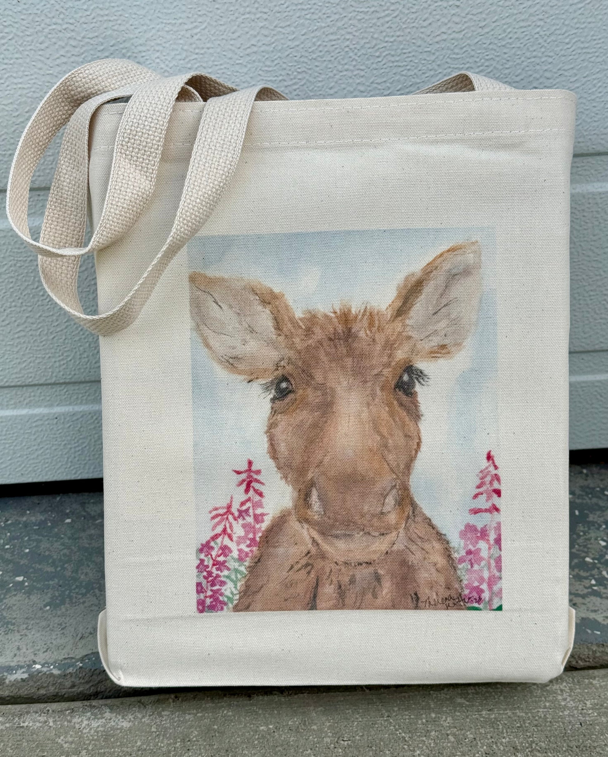 Cotton canvas tote bag with original art image by Theresa Ritter of Molly moose among the fireweed.