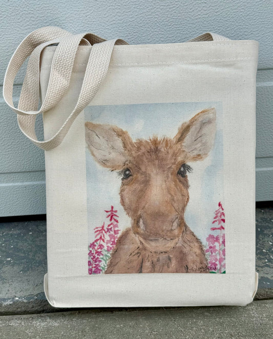Cotton canvas tote bag with original art image by Theresa Ritter of Molly moose among the fireweed.