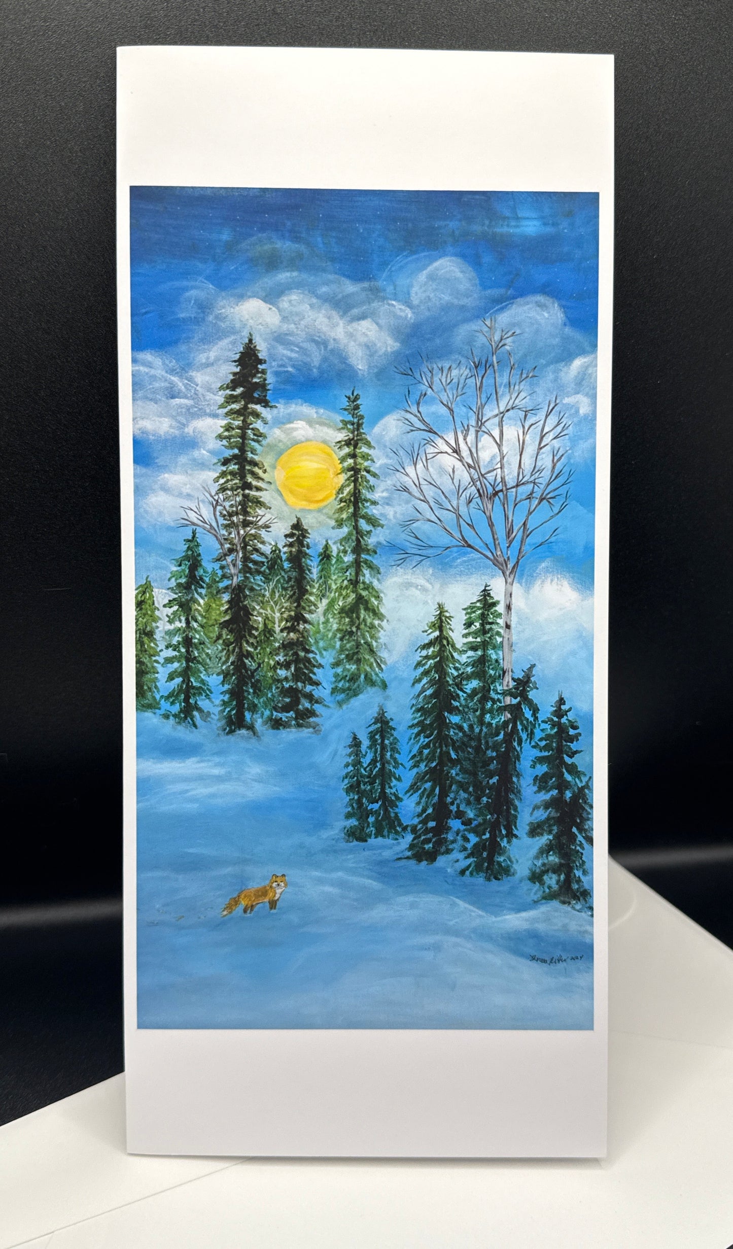 FULL MOON ABOVE THE SNOWY TREES WITH A FOX IN THE FOREGROUND ON ART CARD