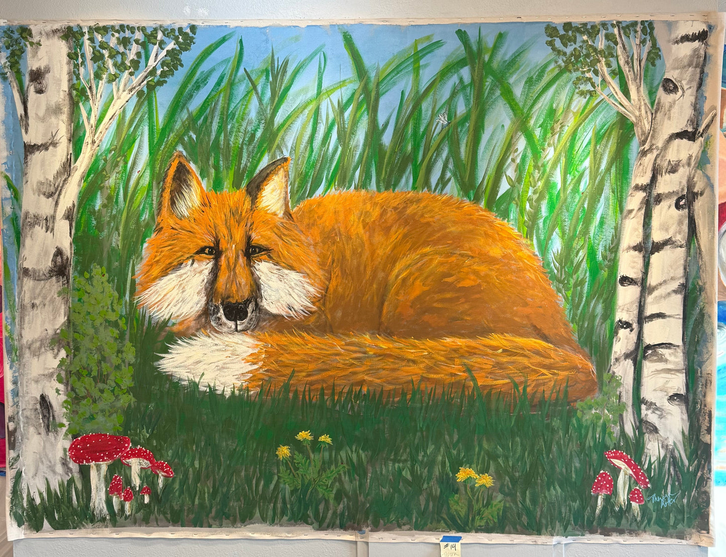 Painting of a fox in a natural setting with trees and grass.