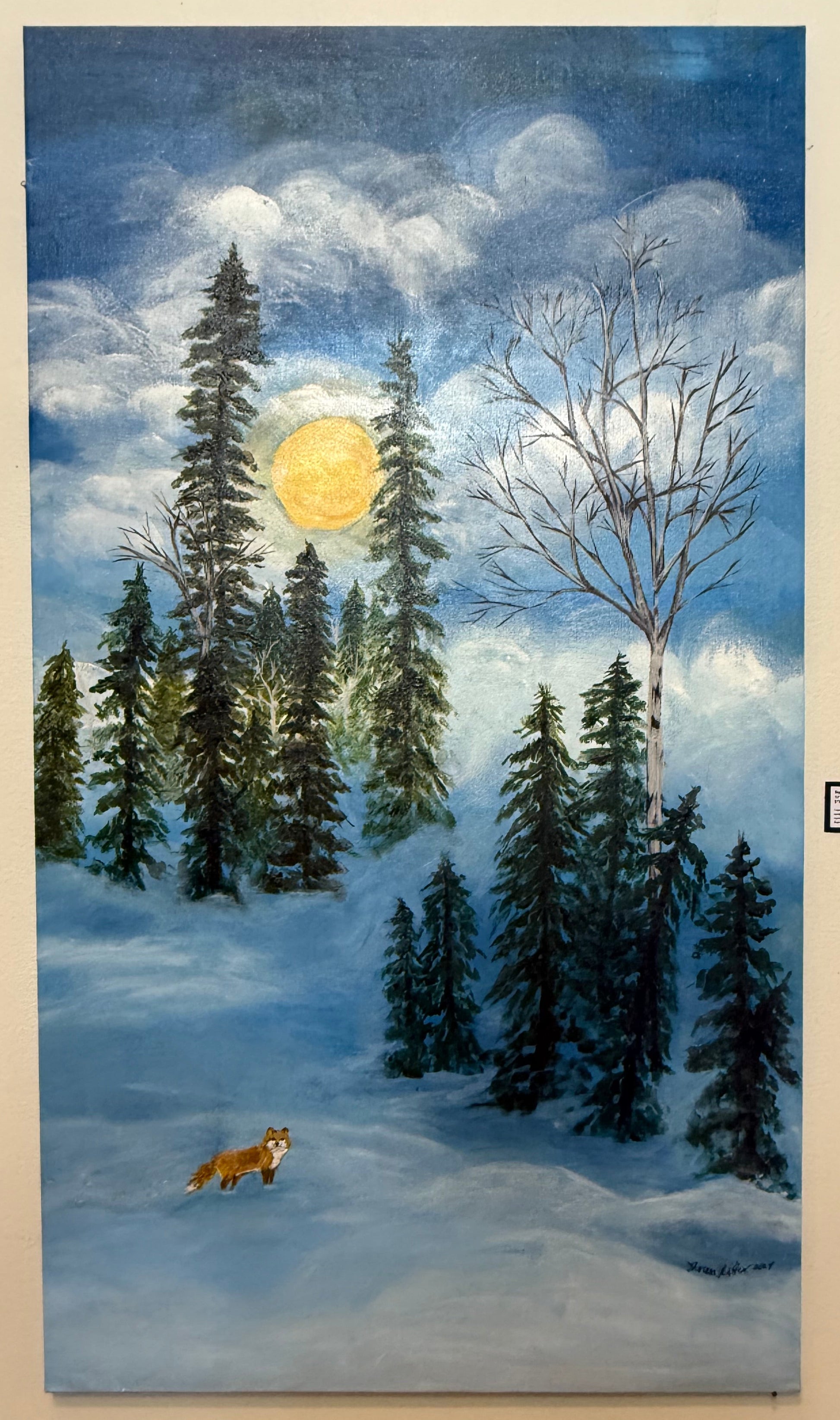 Painting of full moon over snowy forest with fox in foreground