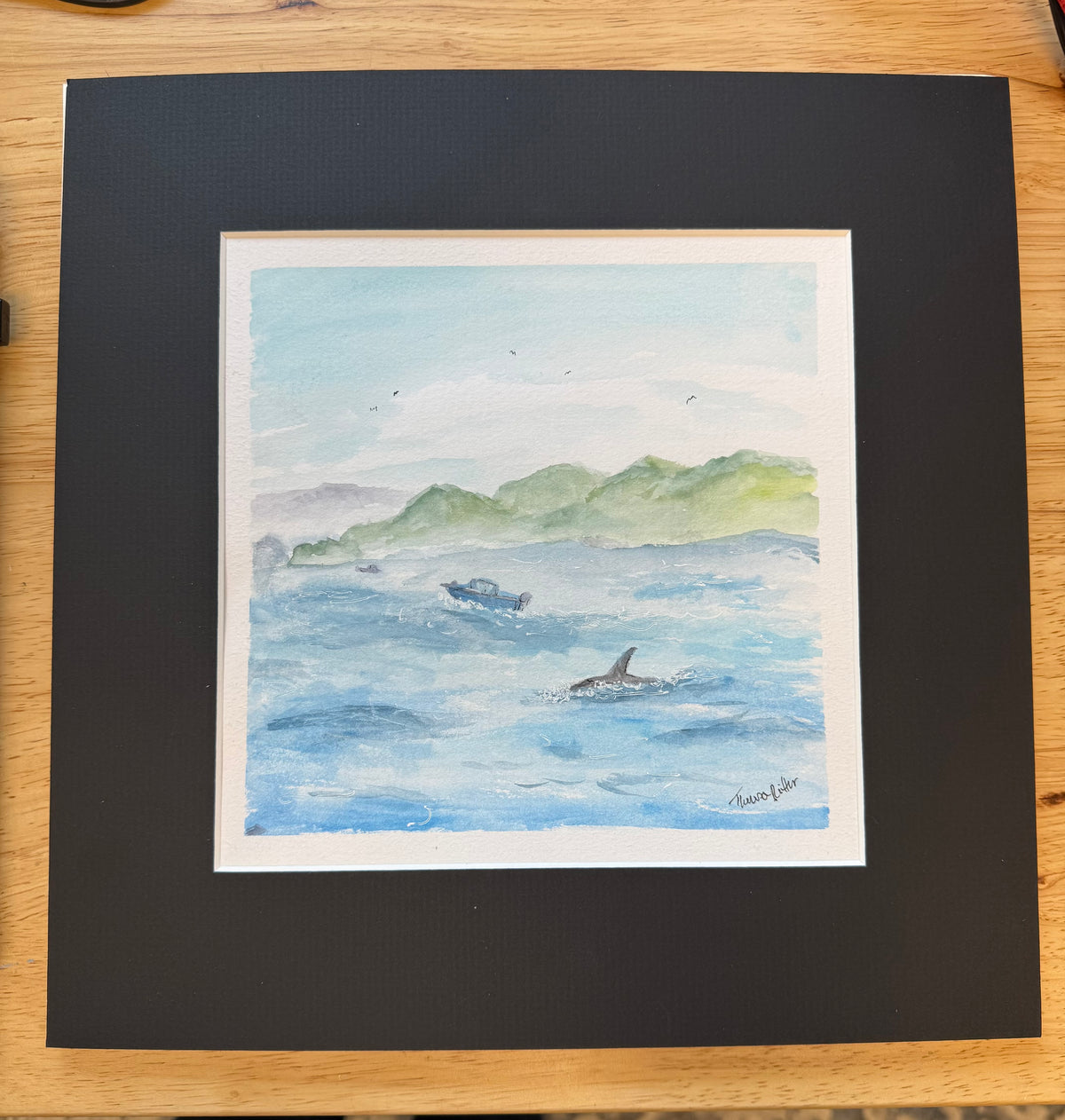 Watercolor of boats on ocean with orca