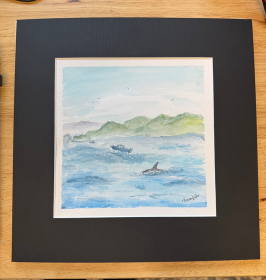 Watercolor of boats on ocean with orca