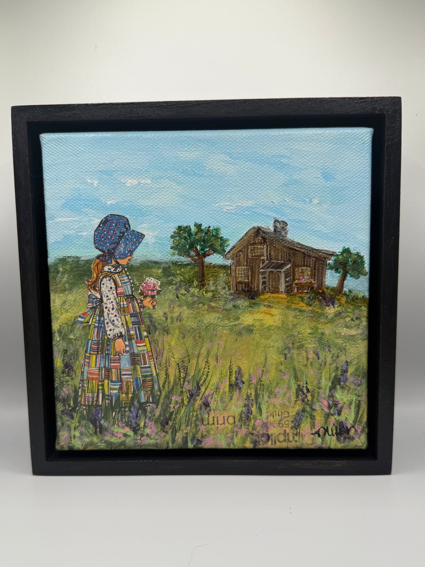 Girl collaged over painted prairie and homestead.